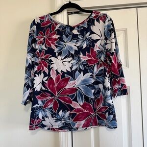 Ruby Rd. Navy Burgundy 3/4 Sleeved Floral Lightweight Shirt Size Large